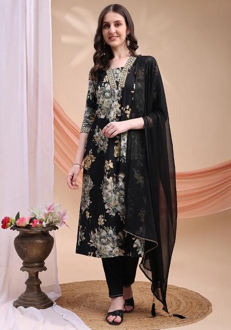 Black Embroidery Rayon Kurta Set