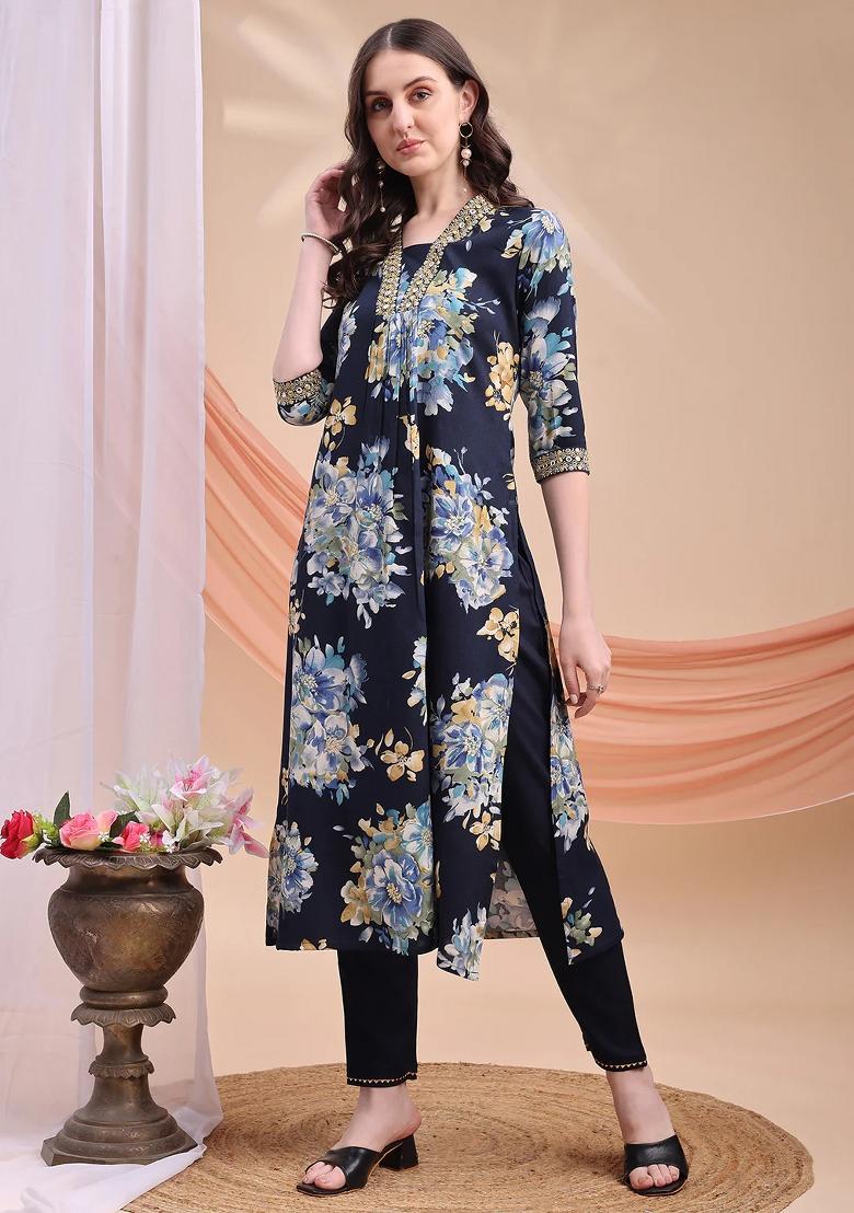 Navy Blue Embroidery Rayon Kurta Set - Indya