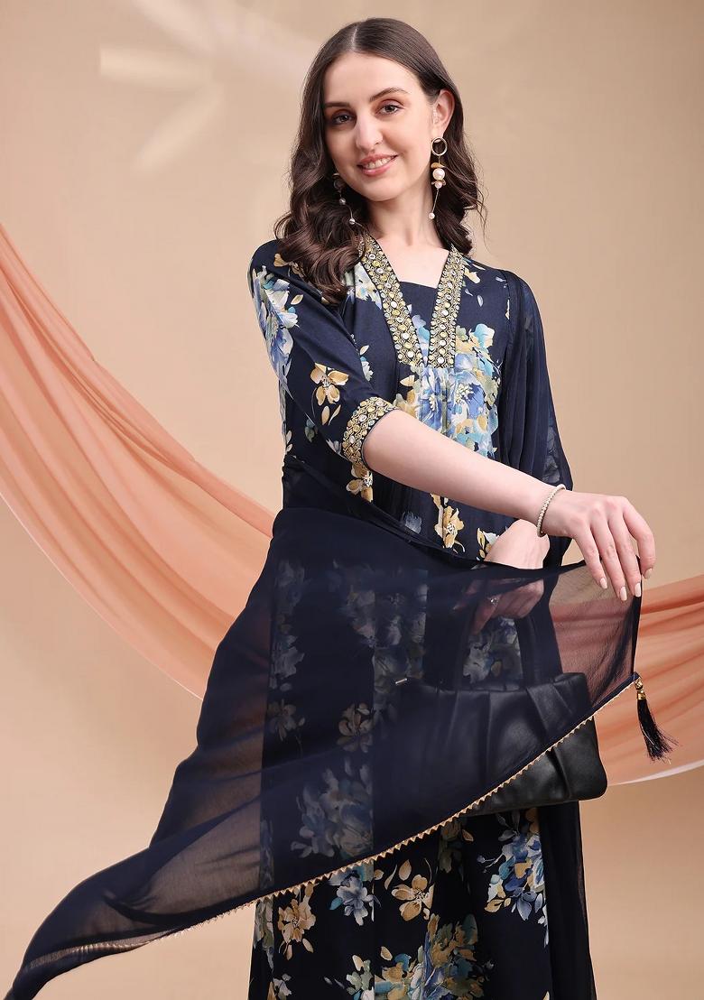 Navy Blue Embroidery Rayon Kurta Set - Indya