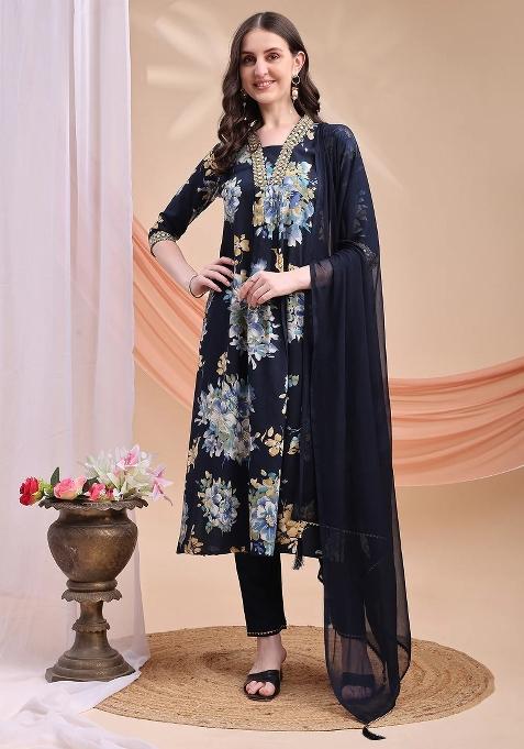Navy Blue Embroidery Rayon Kurta Set