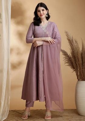 Mauve Embroidery Chinon Kurta Set