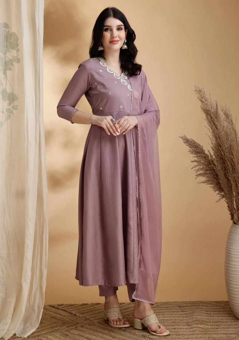 Mauve Embroidery Chinon Kurta Set - Indya