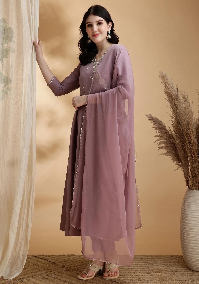 Mauve Embroidery Chinon Kurta Set - Indya