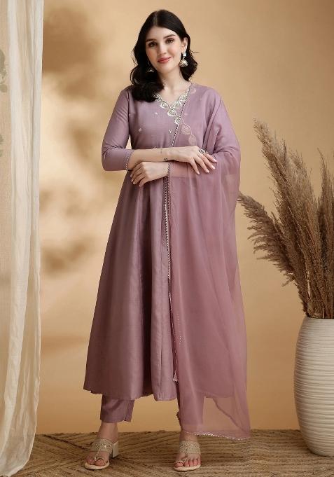 Mauve Embroidery Chinon Kurta Set