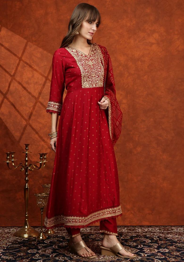Maroon Embroidery Silk Kurta Set - Indya