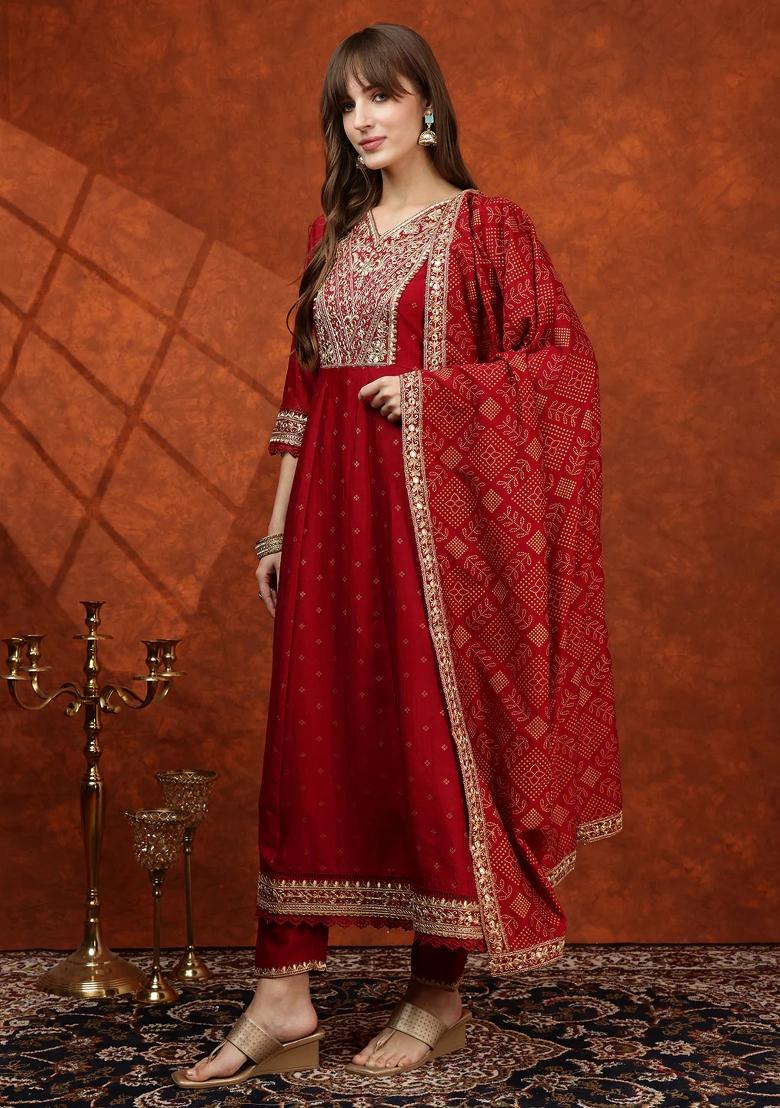 Maroon Embroidery Silk Kurta Set - Indya