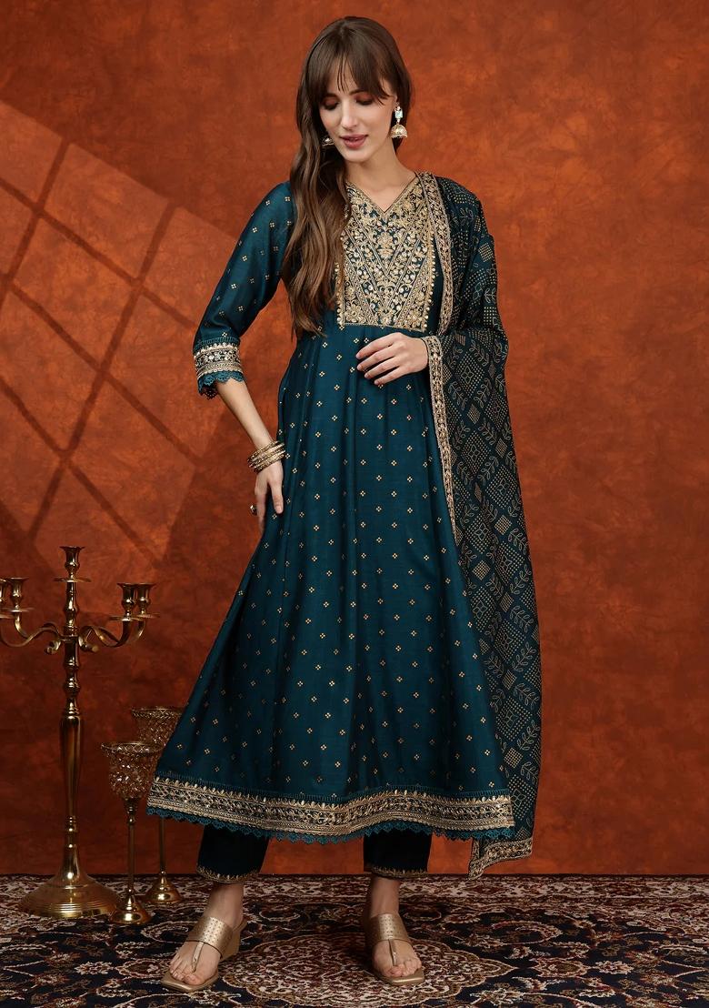 Floral Teal Embroidery Silk Kurta Set - Indya