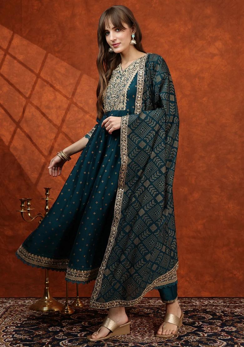 Floral Teal Embroidery Silk Kurta Set - Indya