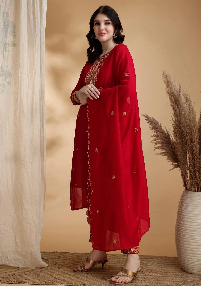 Pink Embroidery Silk Kurta Set - Indya