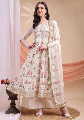 Cream Embroidery Silk Kurta Set
