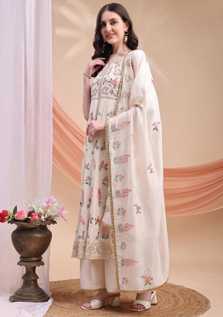 Cream Embroidery Silk Kurta Set - Indya