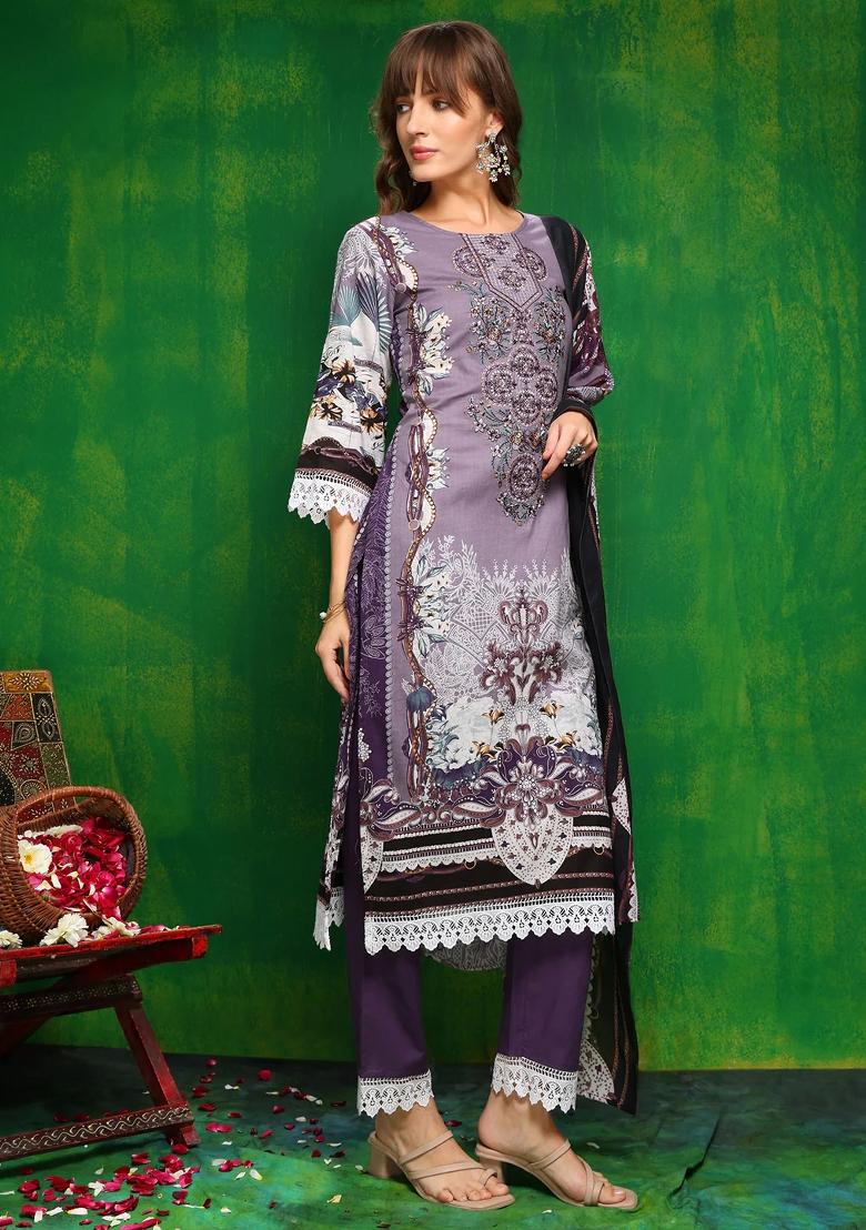 Lavender Embroidery Cambric Kurta Set - Indya