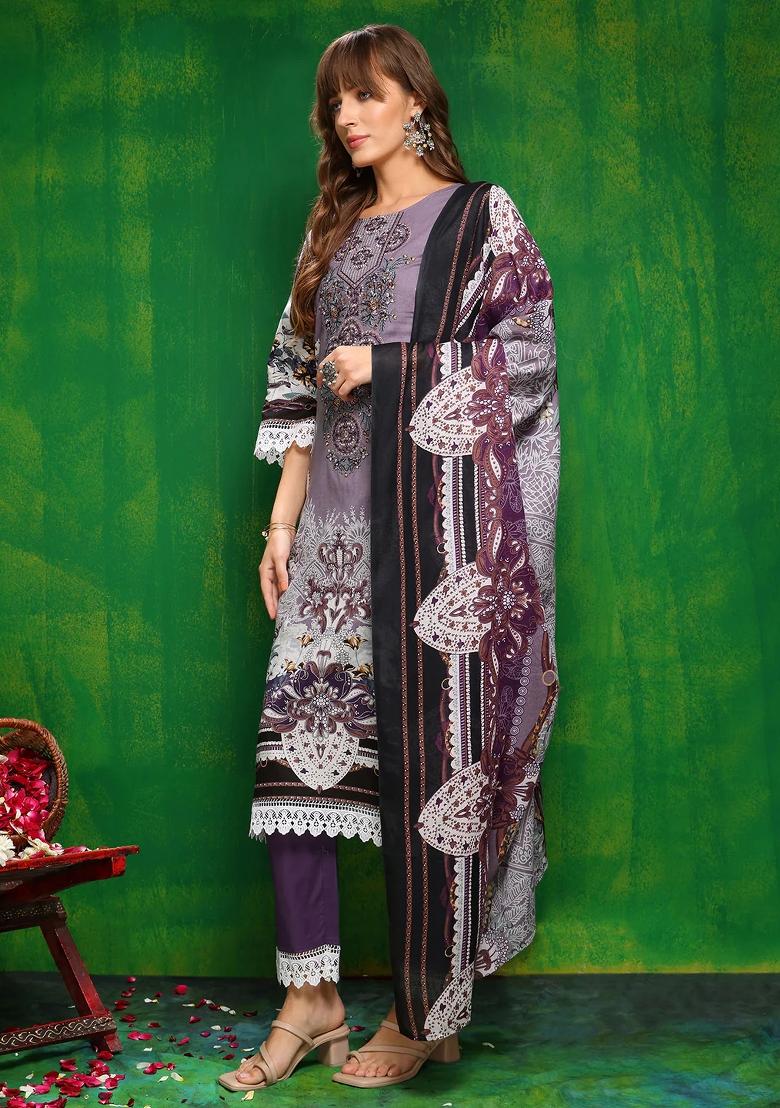 Lavender Embroidery Cambric Kurta Set - Indya