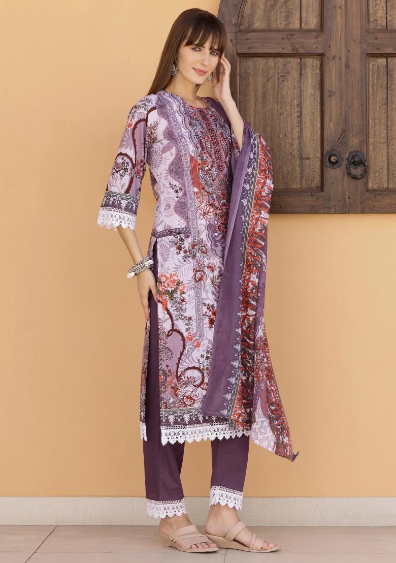 Lavender Embroidery Cambric Kurta Set - Indya