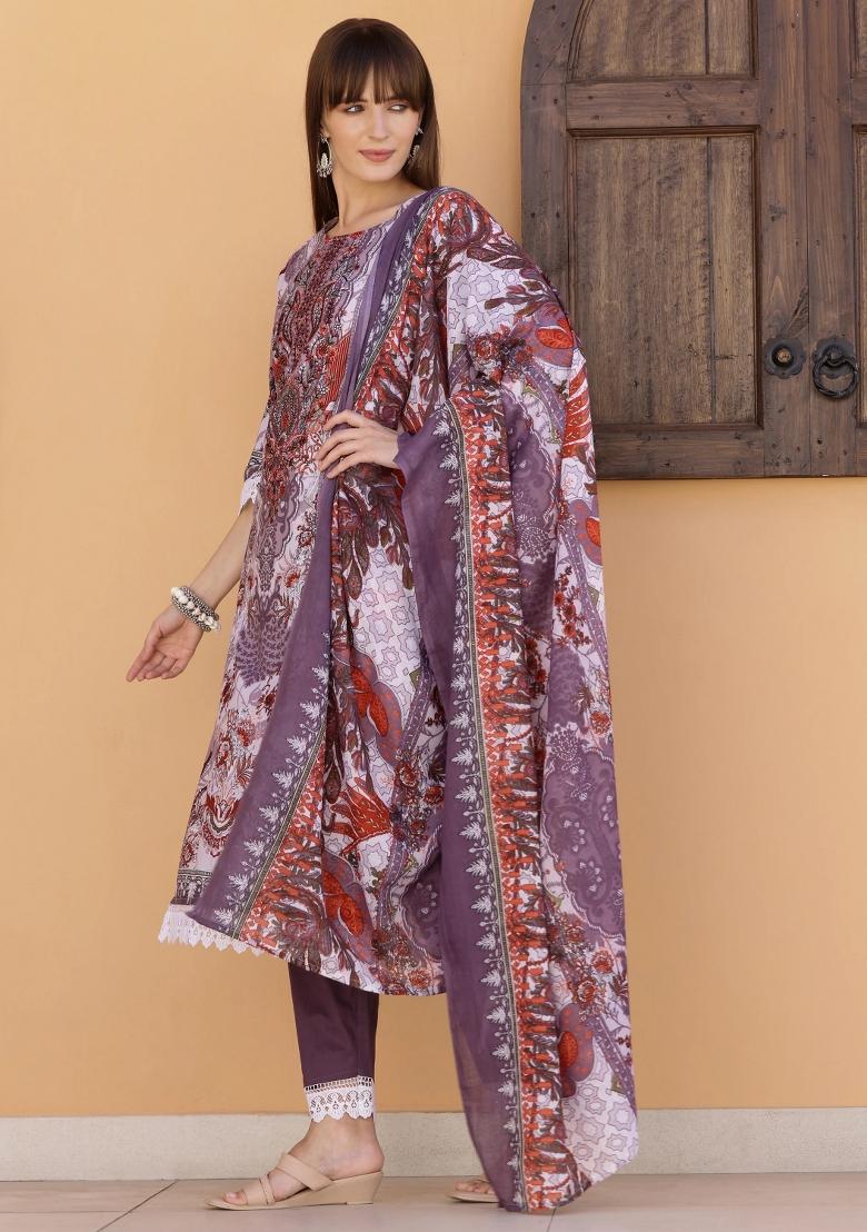 Lavender Embroidery Cambric Kurta Set - Indya
