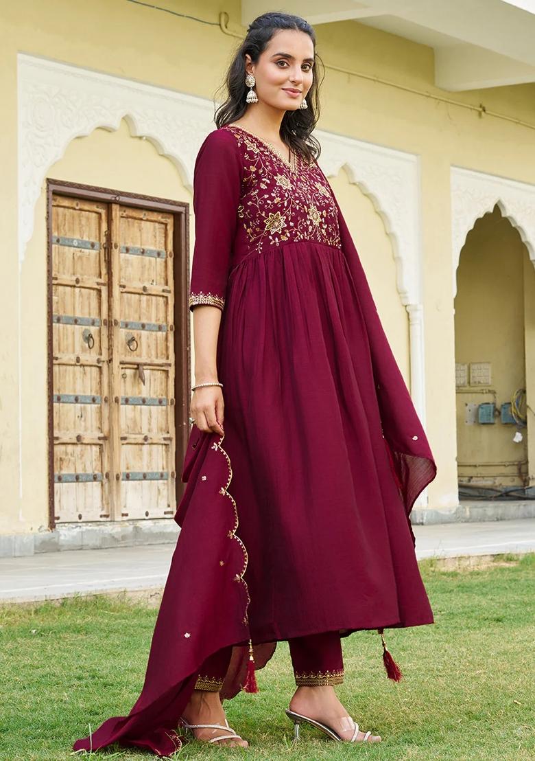 Maroon Embroidery Silk Kurta Set - Indya
