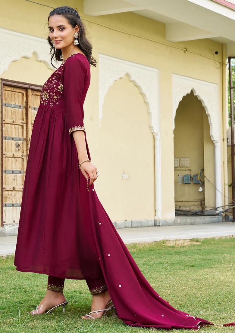 Maroon Embroidery Silk Kurta Set - Indya