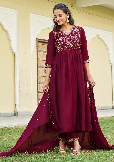 Maroon Embroidery Silk Kurta Set