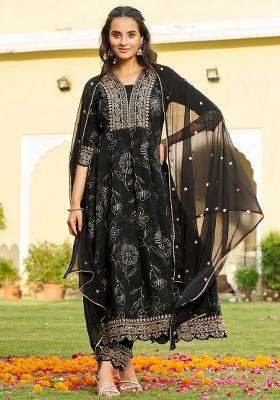 Black Embroidery Rayon Kurta Set