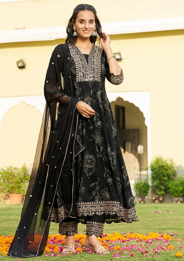 Black Embroidery Rayon Kurta Set - Indya