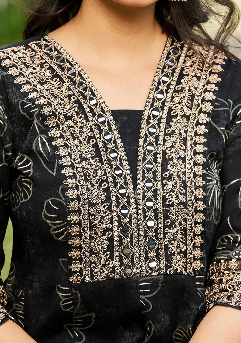Black Embroidery Rayon Kurta Set - Indya