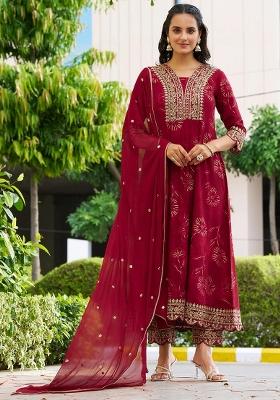 Maroon Embroidery Rayon Kurta Set