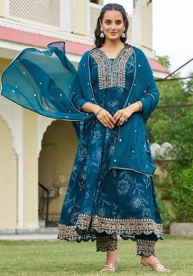 Teal Blue Embroidery Rayon Kurta Set
