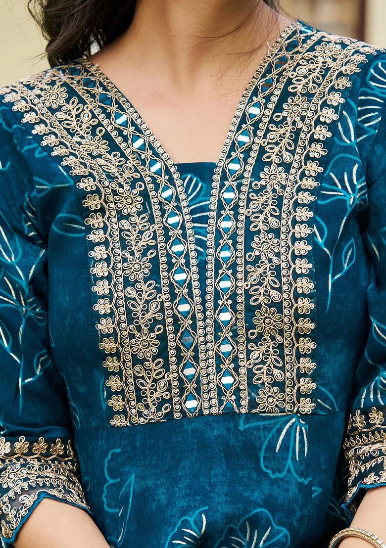 Teal Blue Embroidery Rayon Kurta Set - Indya
