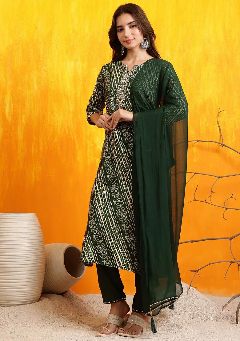 Green Embroidery Rayon Kurta Set - Indya