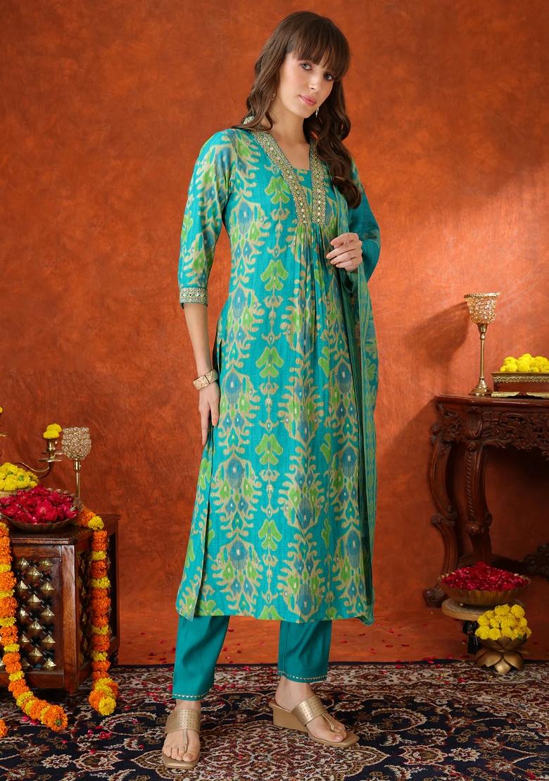 Turquoise Embroidery Silk Kurta Set - Indya