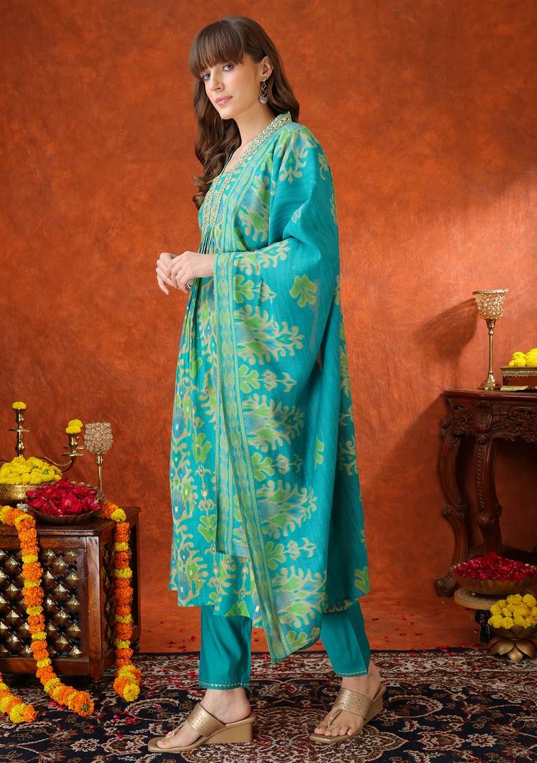 Turquoise Embroidery Silk Kurta Set - Indya