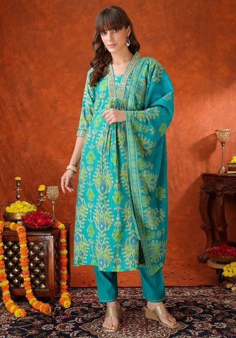 Turquoise Embroidery Silk Kurta Set