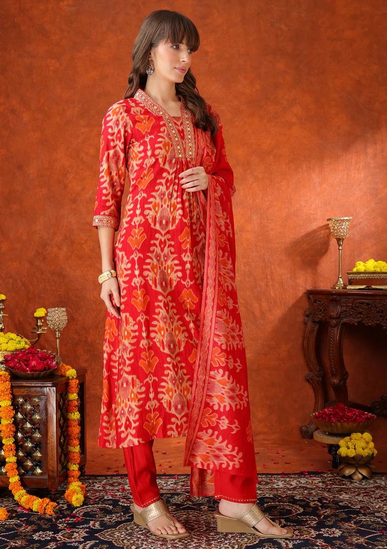 Red Embroidery Silk Kurta Set - Indya