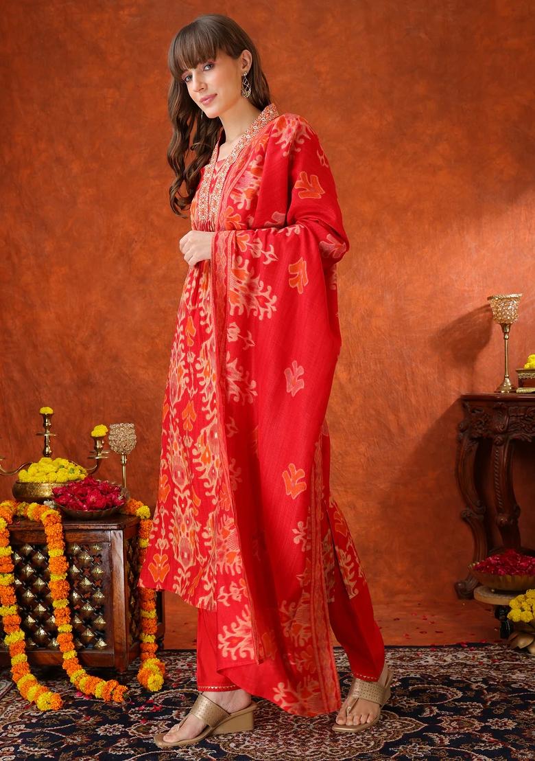 Red Embroidery Silk Kurta Set - Indya