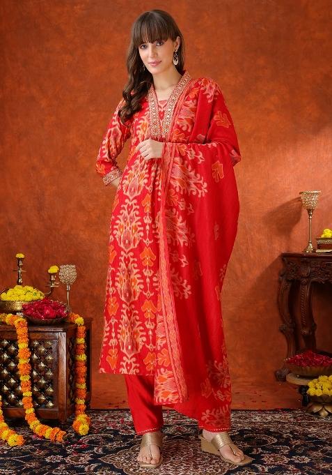Red Embroidery Silk Kurta Set