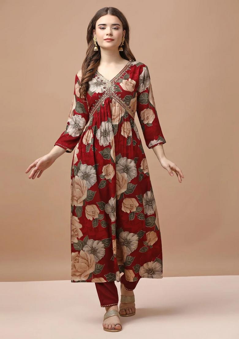 Multicolor Embroidery Rayon Kurta Set - Indya
