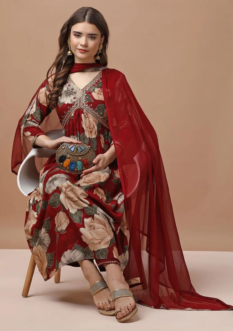 Multicolor Embroidery Rayon Kurta Set - Indya