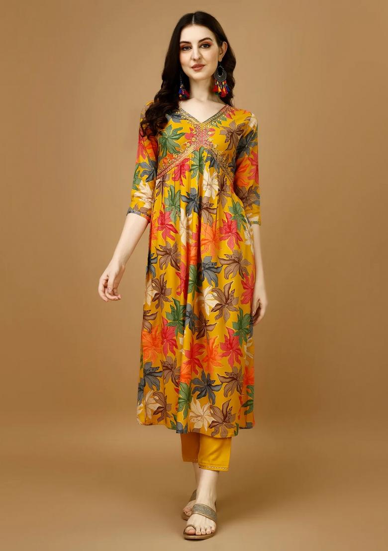 Multicolor Embroidery Rayon Kurta Set - Indya