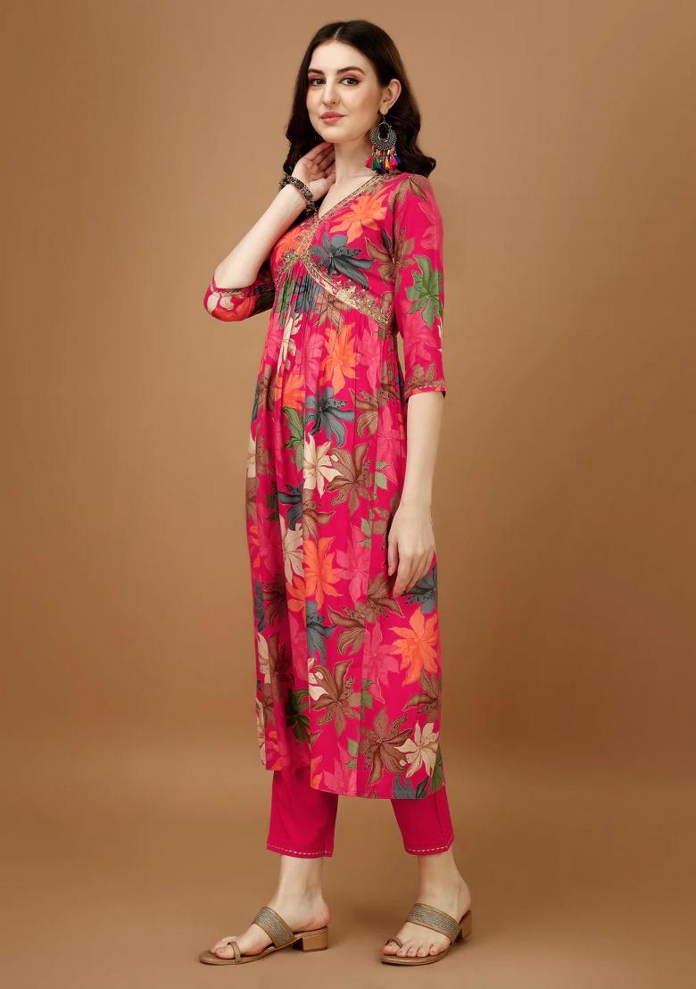 Multicolor Embroidery Rayon Kurta Set - Indya