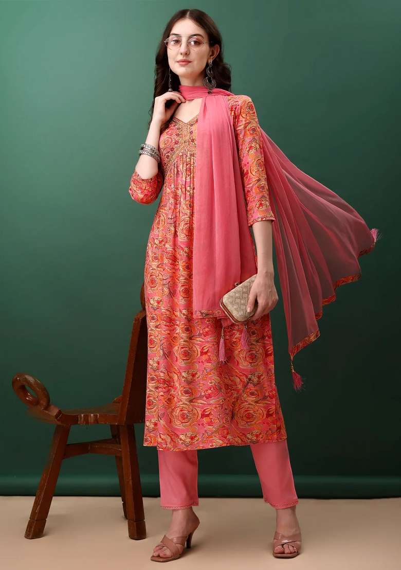 Pink Embroidery Rayon Kurta Set - Indya