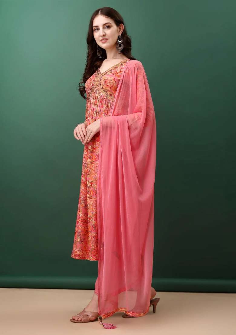 Pink Embroidery Rayon Kurta Set - Indya