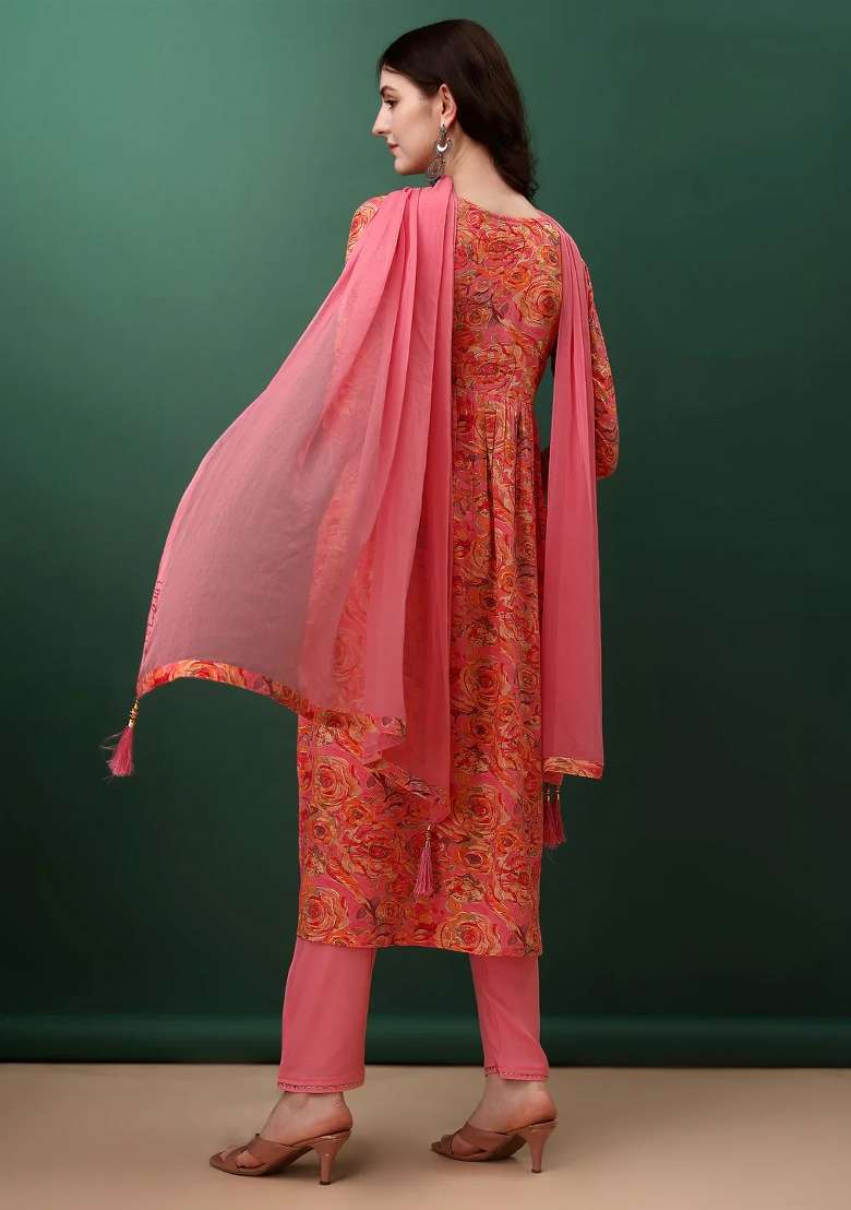 Pink Embroidery Rayon Kurta Set - Indya