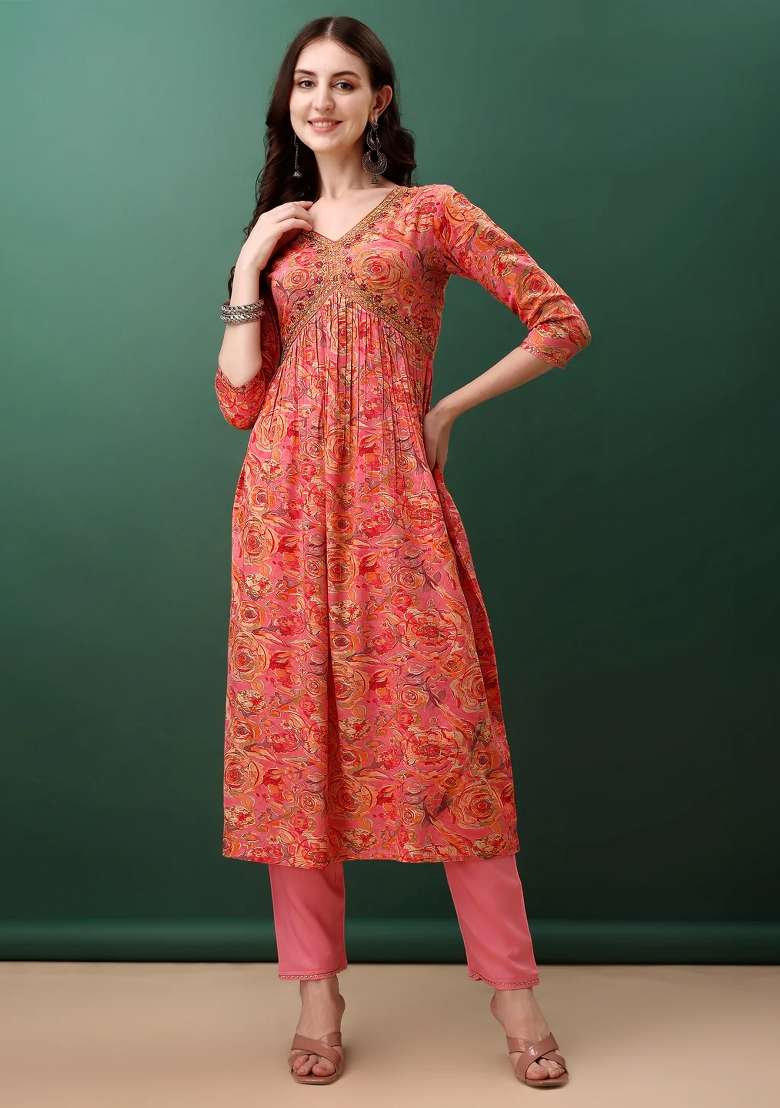 Pink Embroidery Rayon Kurta Set - Indya