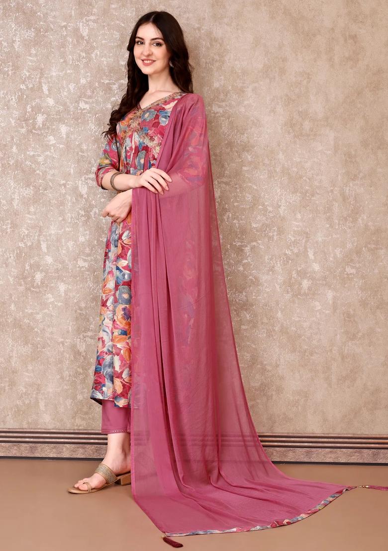Multicolor Embroidery Rayon Kurta Set - Indya