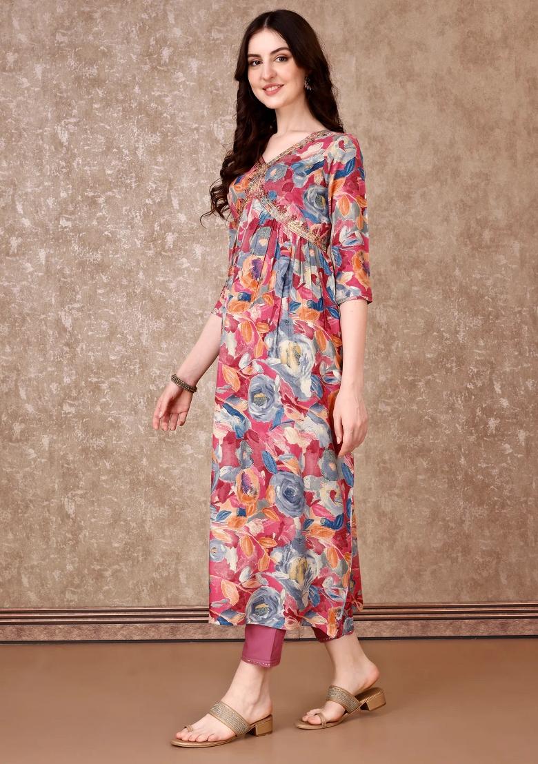 Multicolor Embroidery Rayon Kurta Set - Indya