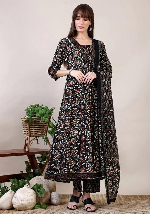 Black Embroidery Rayon Kurta Set