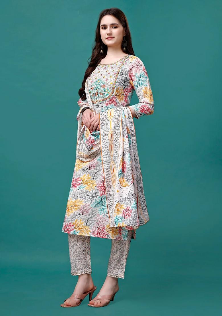 Multicolor Embroidery Rayon Kurta Set - Indya