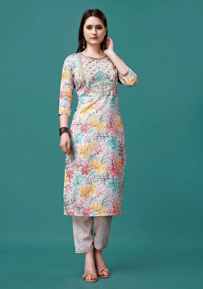 Multicolor Embroidery Rayon Kurta Set - Indya
