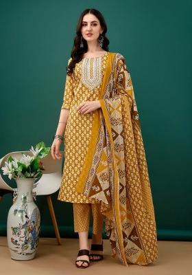 Mustard Embroidery Cotton Kurta Set
