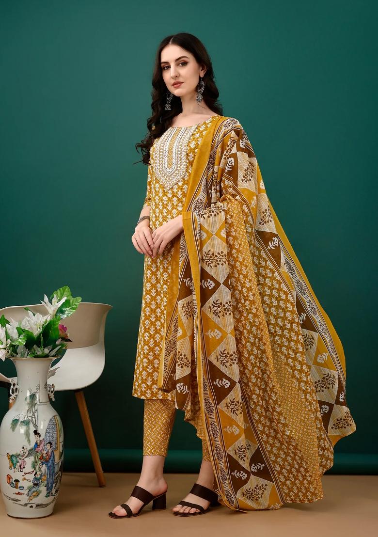 Mustard Embroidery Cotton Kurta Set - Indya